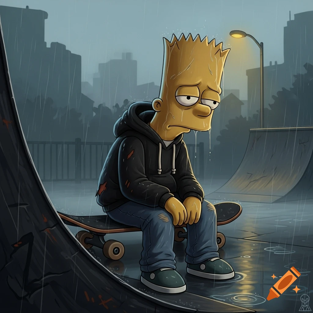 Bart Simpson sits sadly on a skateboard in a rainy skate park, looking emo.