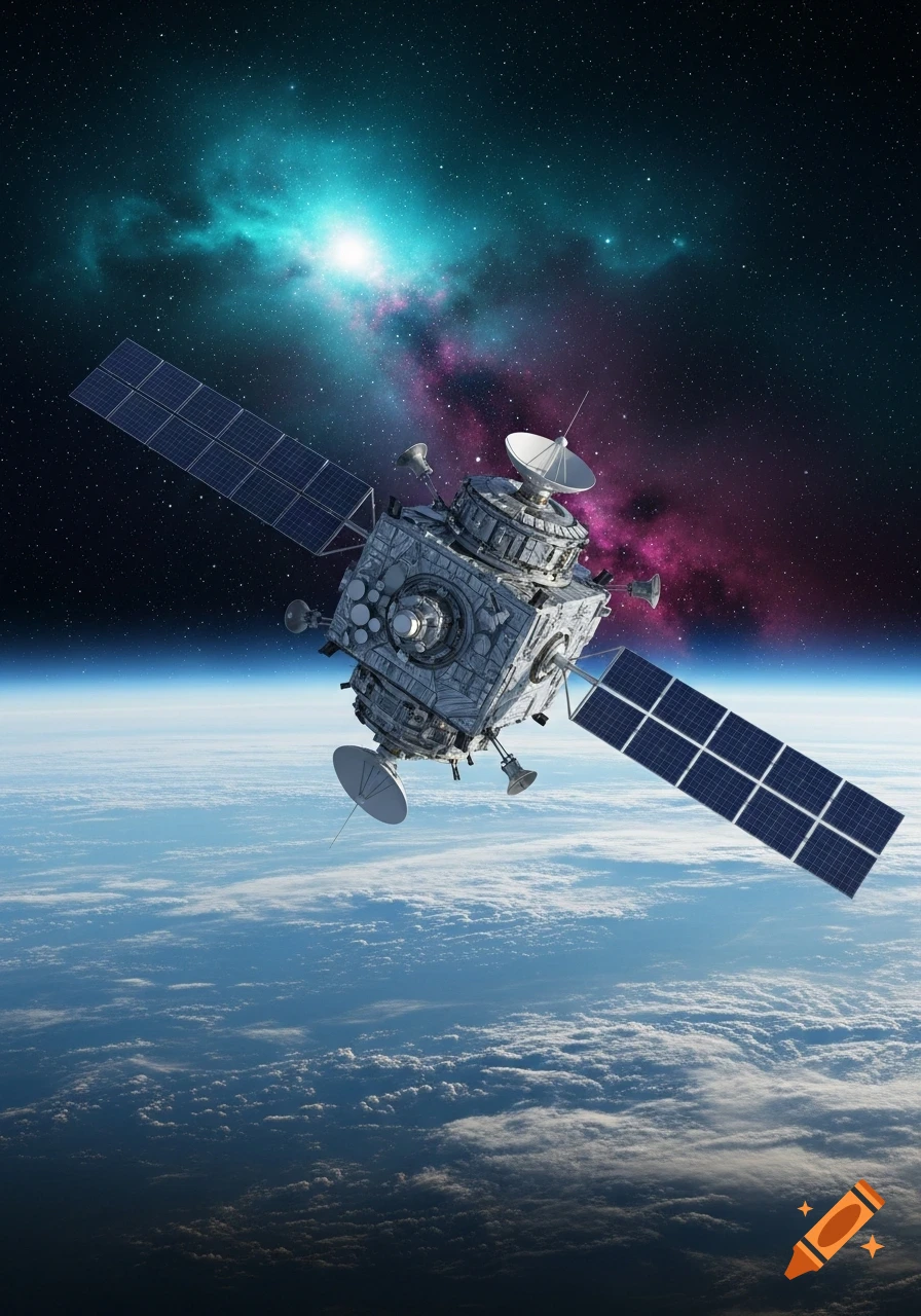 A detailed satellite with solar panels orbits above Earth, set against a colorful nebula in deep space.