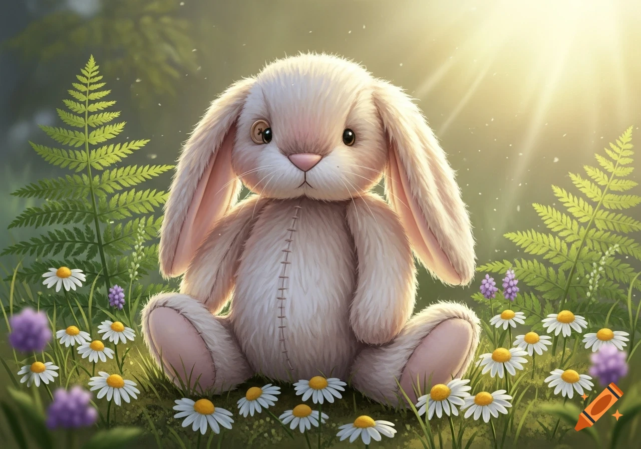 A fluffy, light pink and white plush bunny with long ears sits among white daisies and green ferns, bathed in golden sunlight.