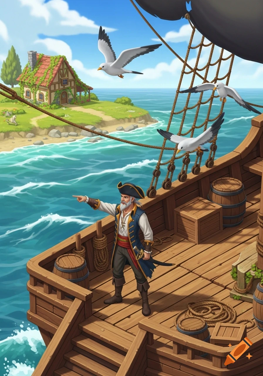 Isometric art of a pirate pointing from a wooden ship towards a cozy cottage on a green island with seagulls flying overhead.
