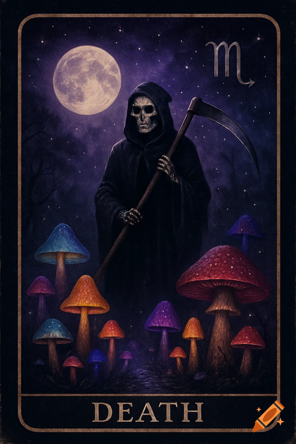 Mystical Death tarot card with a skeleton in a cloak holding a scythe, glowing mushrooms, full moon, and Scorpio symbol.