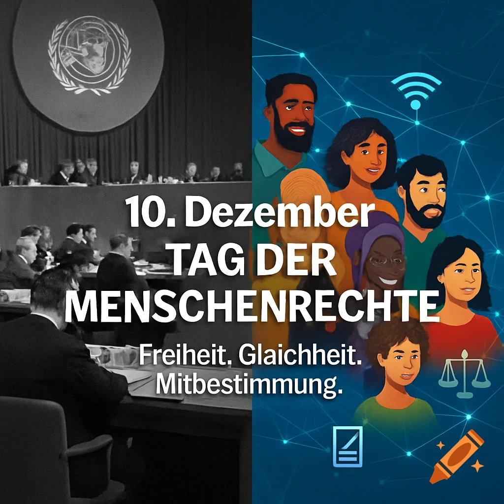 Split-screen image. Left: B&W UN assembly. Right: Colorful illustration of diverse people with network lines. Text: Human Rights Day.