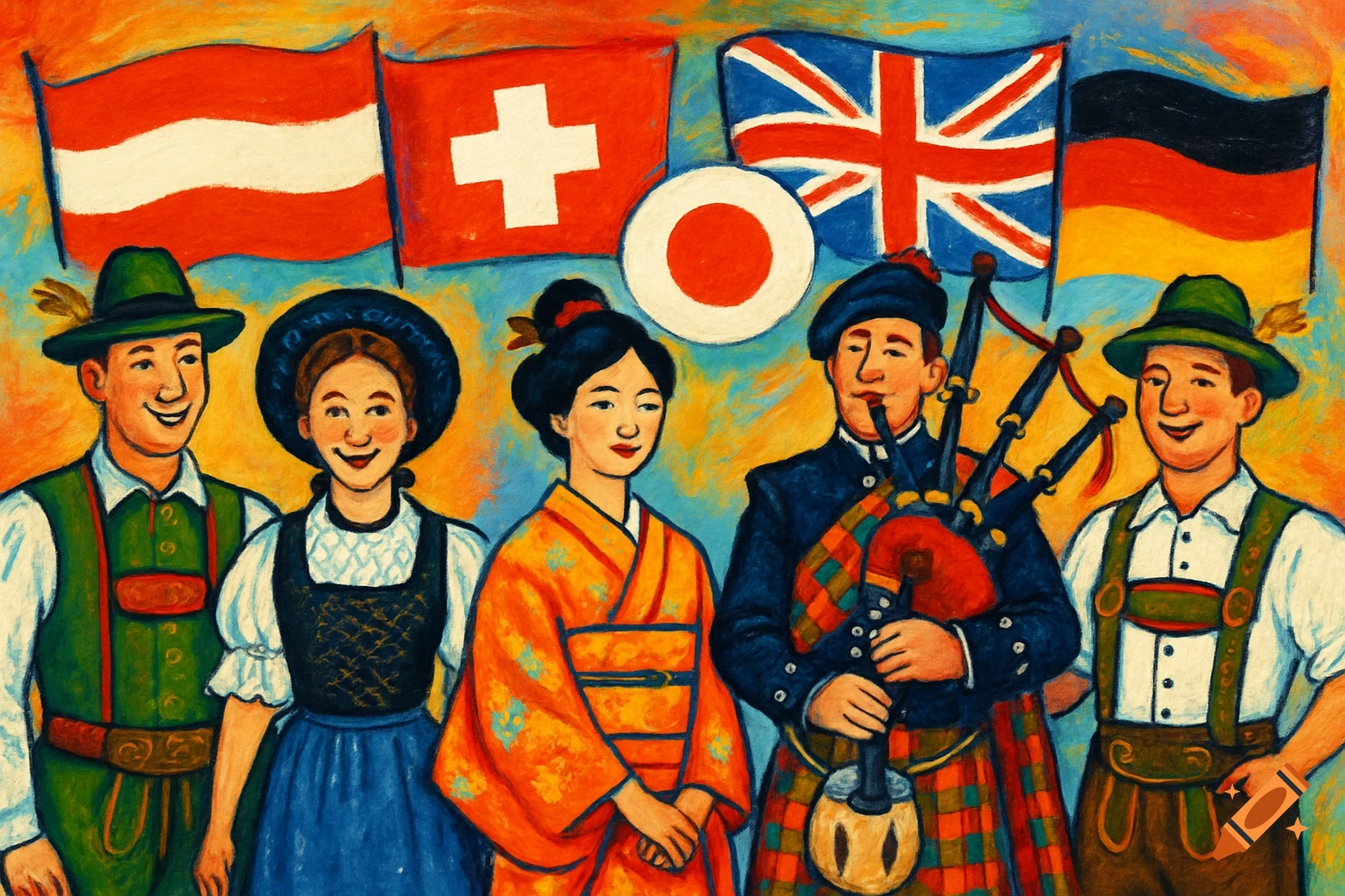 Drawing of five people in traditional costumes from Austria, Switzerland, Japan, UK, and Germany, with their flags.