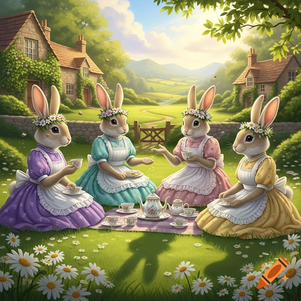 Four anthropomorphic rabbit ladies in cottagecore dresses and flower crowns enjoy a tea party on a grassy lawn with daisies, quaint houses, and hills in the background.