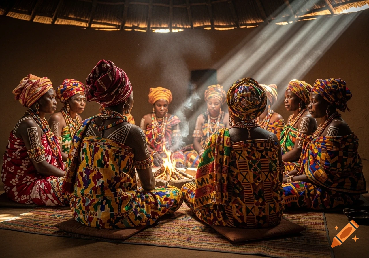 African women in colorful traditional attire sit in a circle around a fire within a sunlit hut.