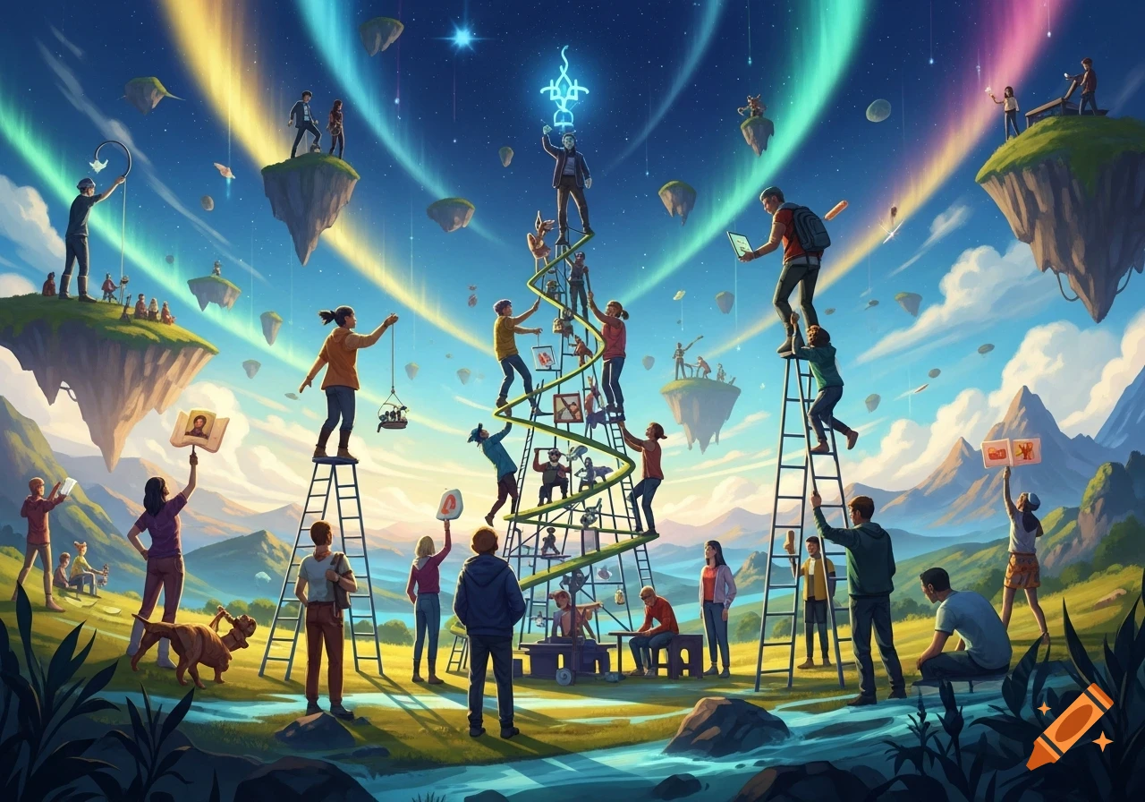 Vibrant illustration of many people collaborating on floating islands and a central structure under a colorful sky.