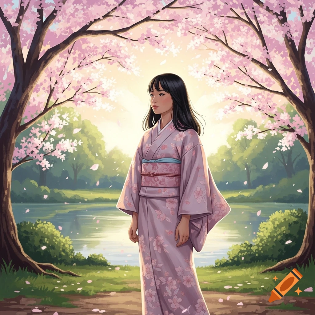 An Asian girl in a pink floral kimono stands under cherry blossom trees beside a lake in an anime-style illustration.
