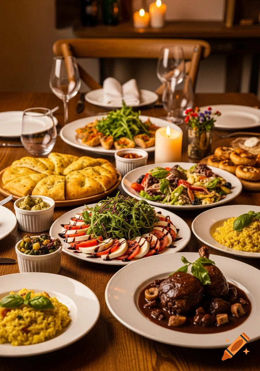 A rustic wooden table laden with various gourmet dishes, including Caprese salad, focaccia, risotto, and a rich meat stew, in a cozy, candlelit setting.