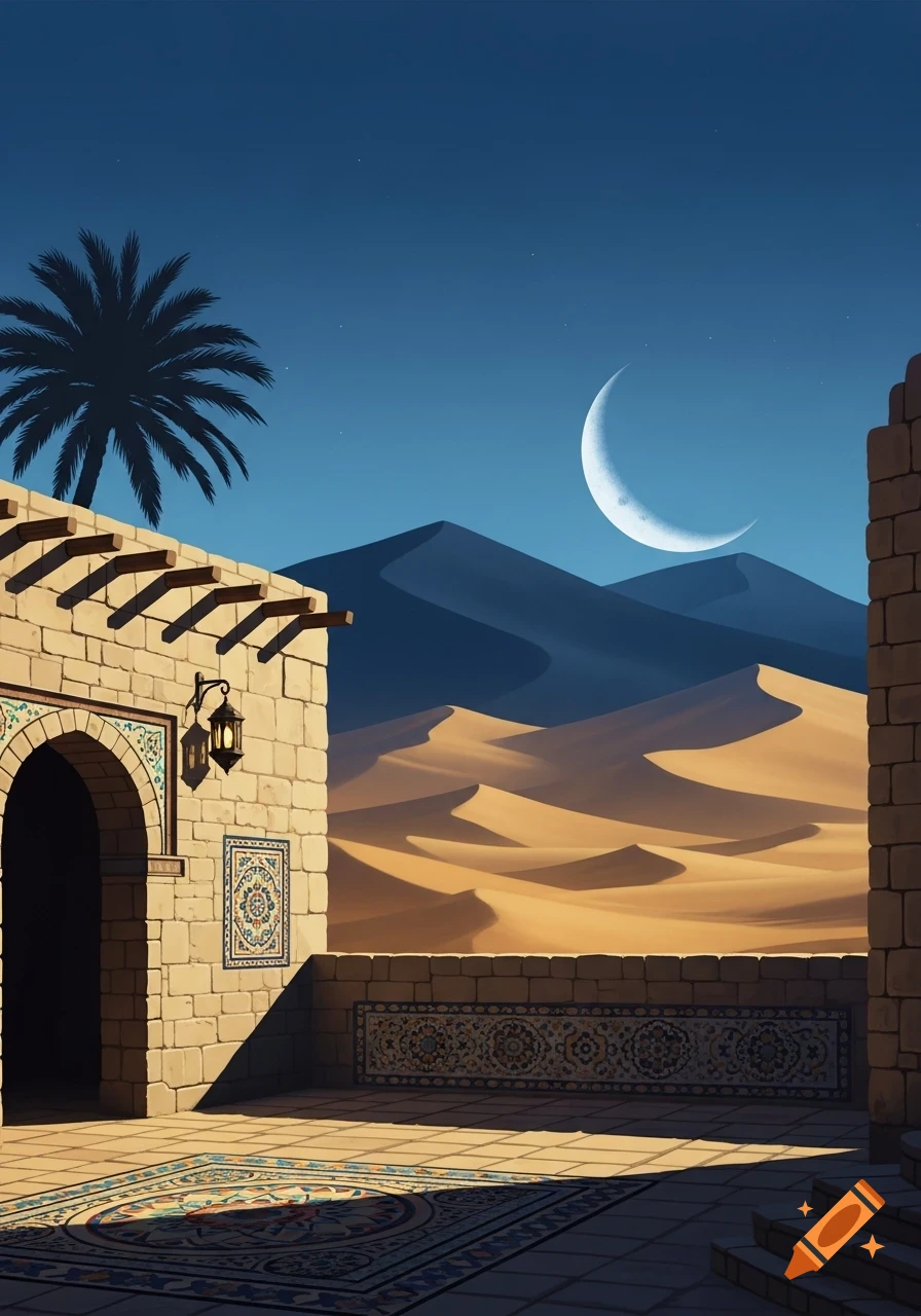Night desert landscape with crescent moon over sand dunes, a palm tree, and a building with an arched entrance and patterned tiles.