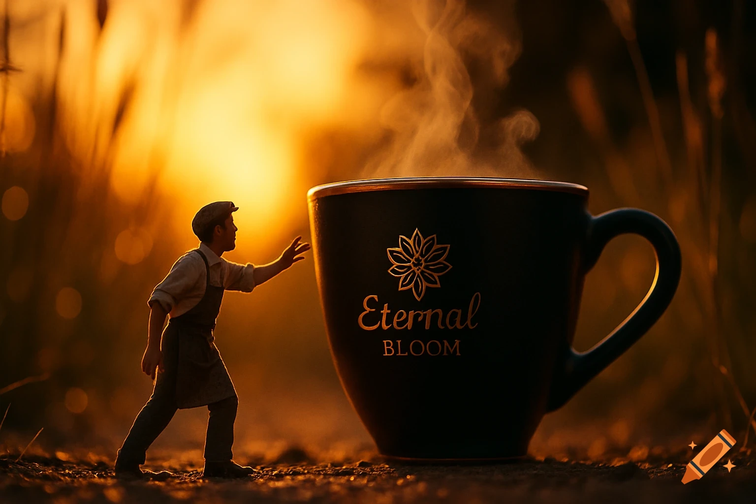 A miniature man in vintage suspenders reaches for a giant steaming black coffee cup with a golden 'Eternal Bloom' logo, against a warm sunset.