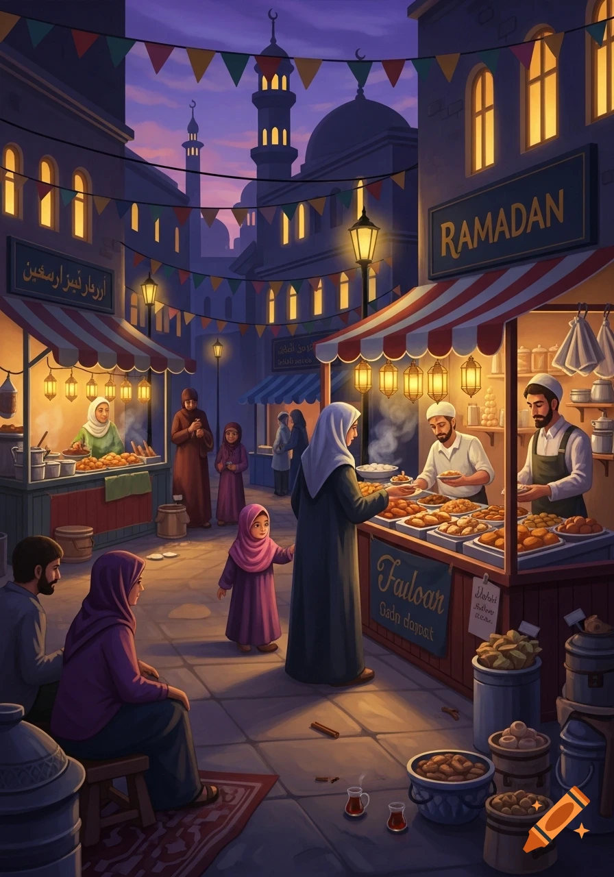 An illustration of a bustling night market scene during Ramadan, with people buying food from stalls under festive lights and banners, with mosques in the background.