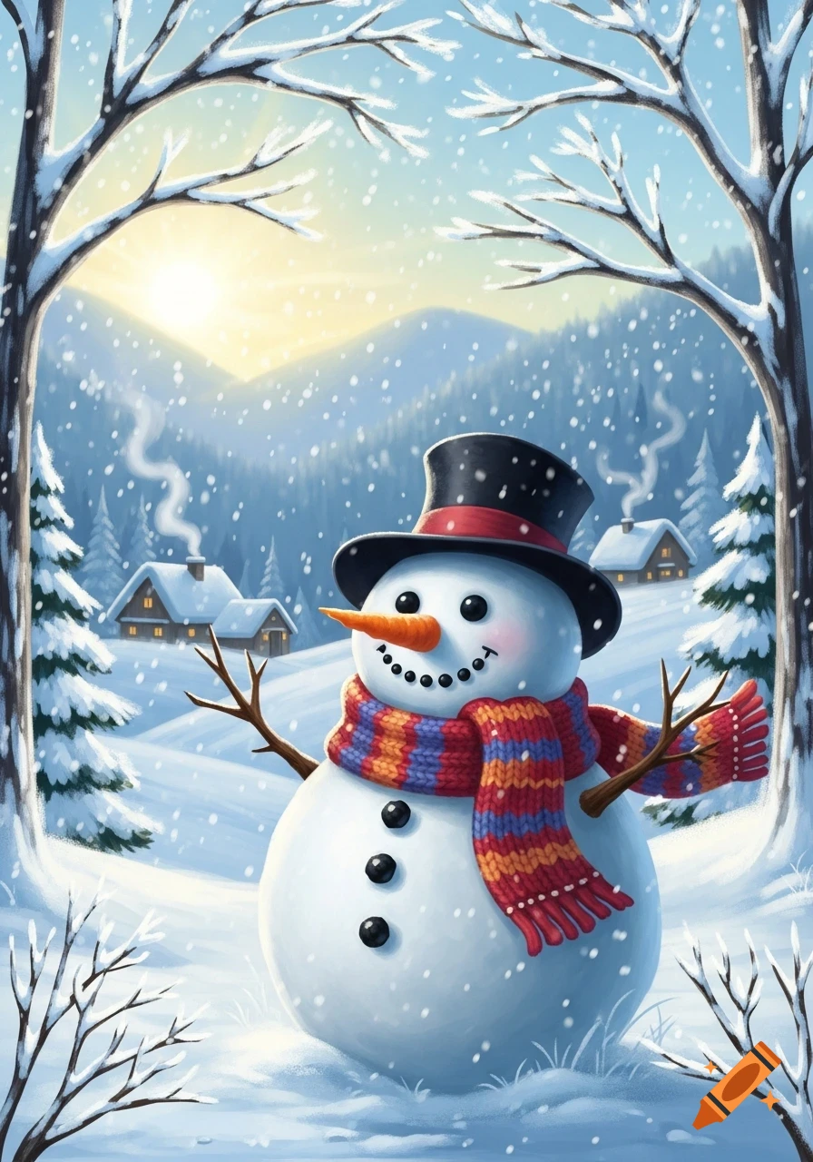 A cheerful snowman wearing a top hat and a striped scarf stands in a snowy winter landscape with cabins and trees.