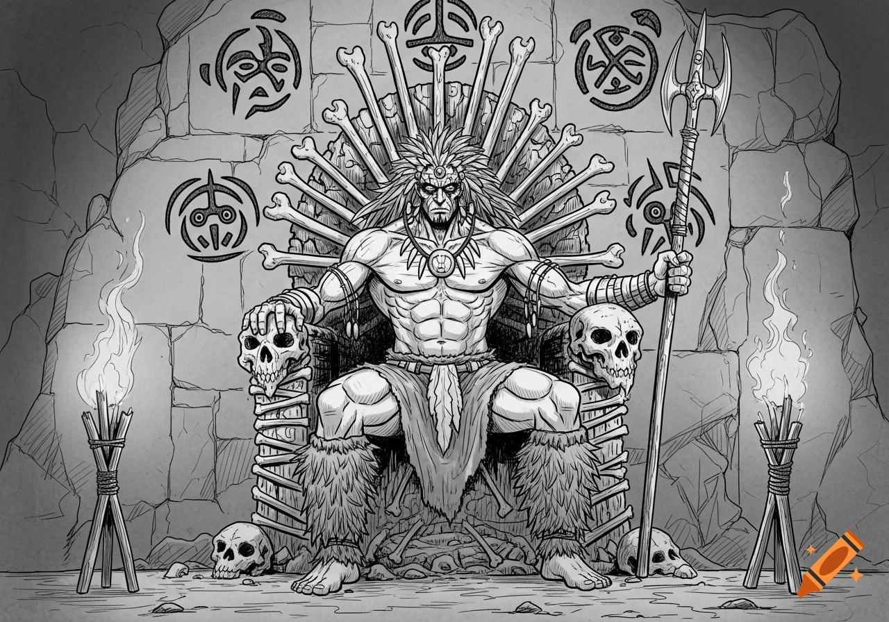 Muscular tribal warrior king sitting on a throne of bones and skulls, holding a spear, in a black and white sketch style.