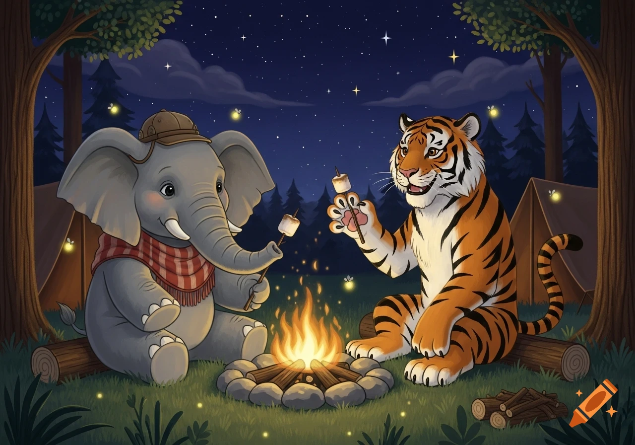 Cartoon elephant and tiger roast marshmallows over a campfire at night in a forest with tents and fireflies.