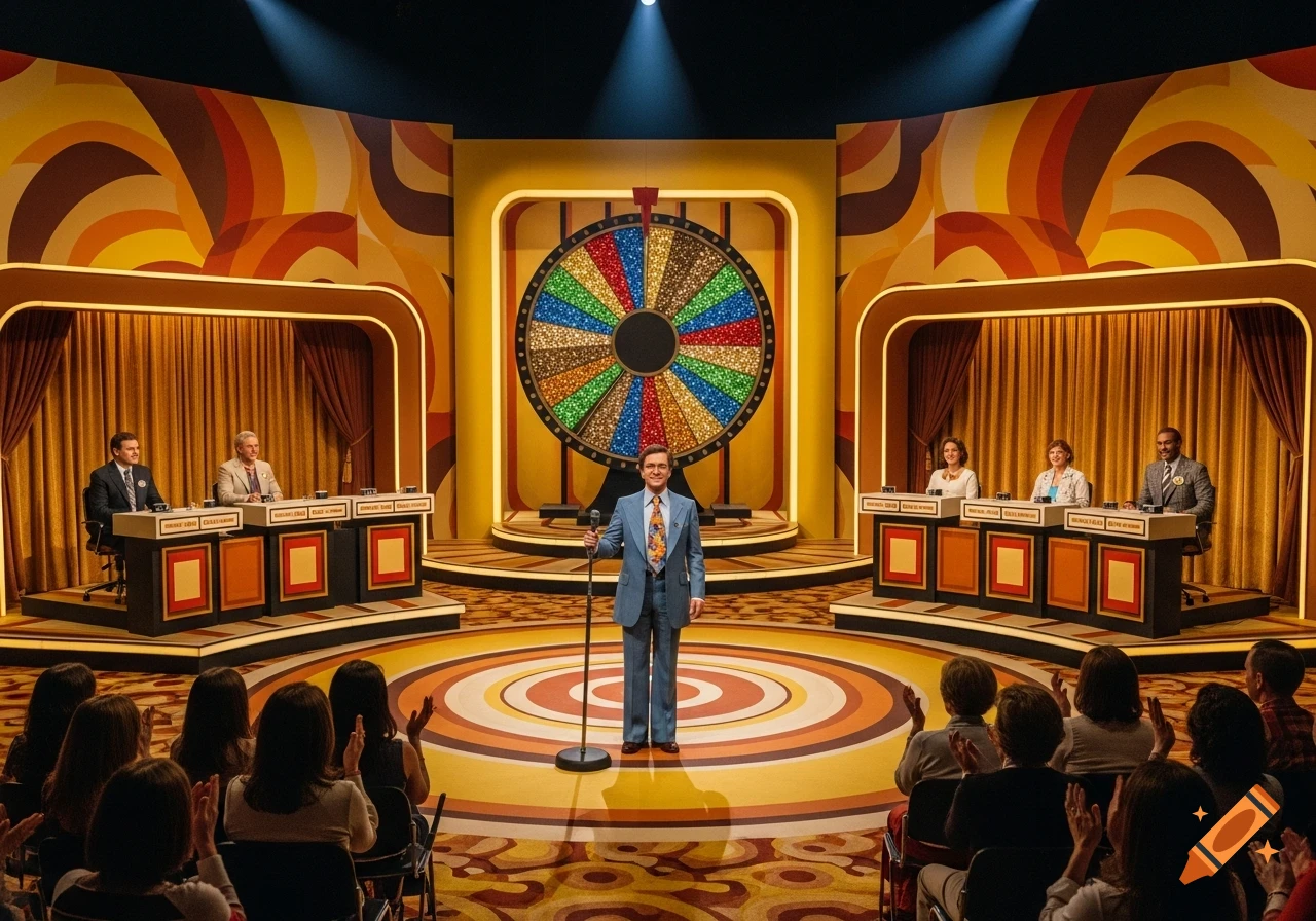Photorealistic 70s game show set with a host, contestants, and a large colorful wheel.