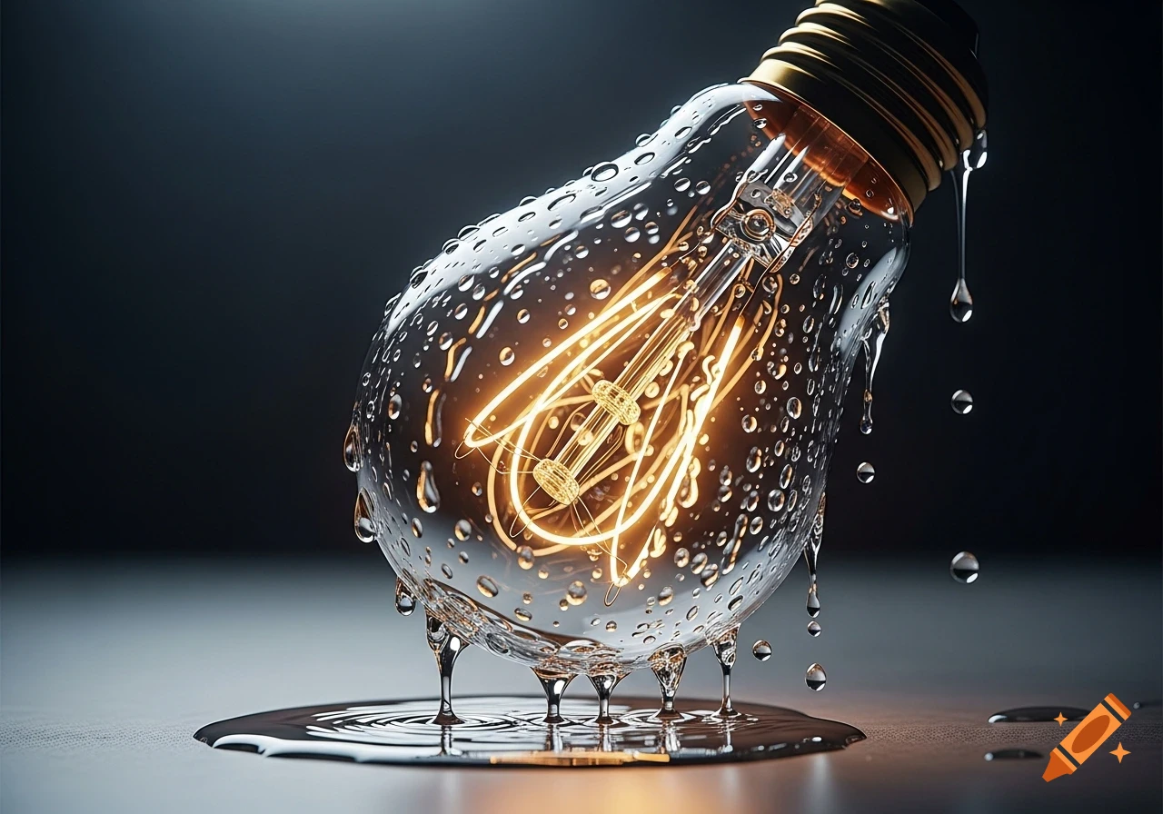 A hyperrealistic, glowing incandescent light bulb covered in water droplets, dripping onto a dark surface with moody lighting.