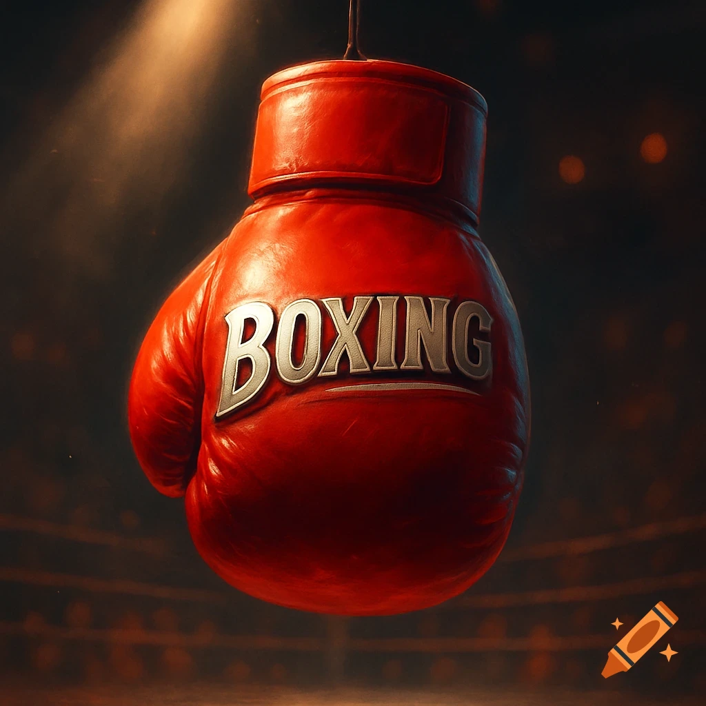 Red boxing glove with 'BOXING' text, hanging in a dimly lit boxing ring, photorealistic.