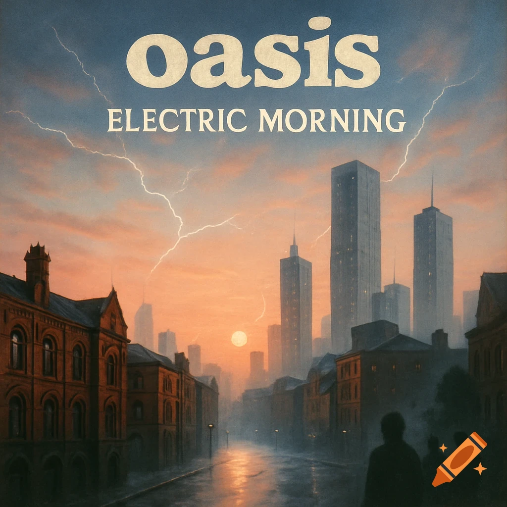 City skyline at dawn with old brick buildings, skyscrapers, and lightning in an orange and pink sky. Text reads "oasis ELECTRIC MORNING".