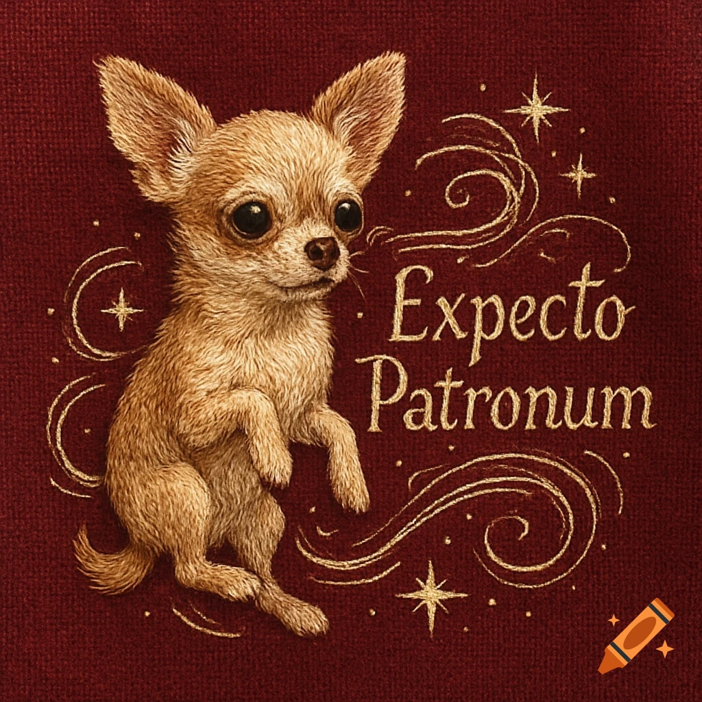 Embroidery art of a light-colored chihuahua with large eyes on burgundy fabric, surrounded by gold magical swirls and 'Expecto Patronum'.