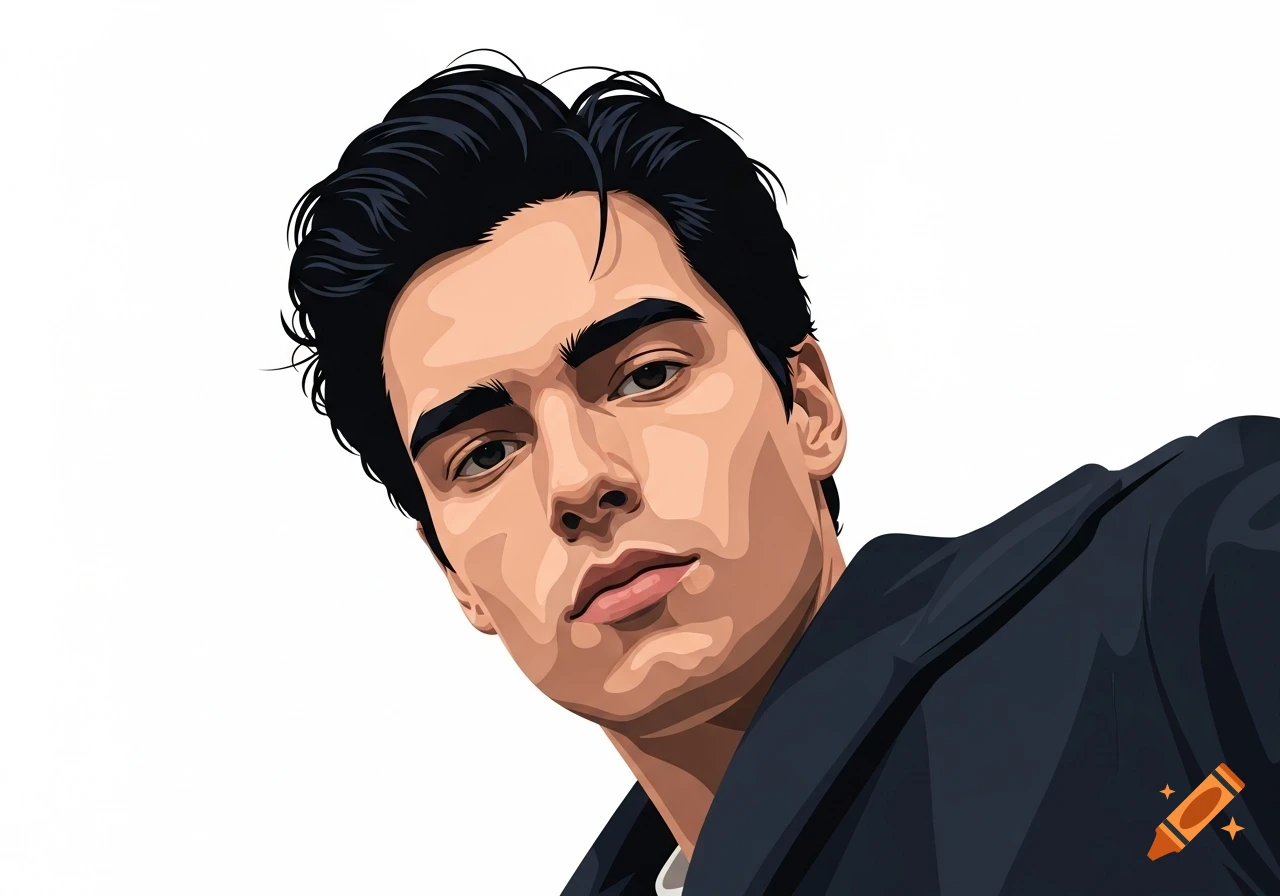 Vector art portrait of a man with dark hair looking up from a low angle on a white background.