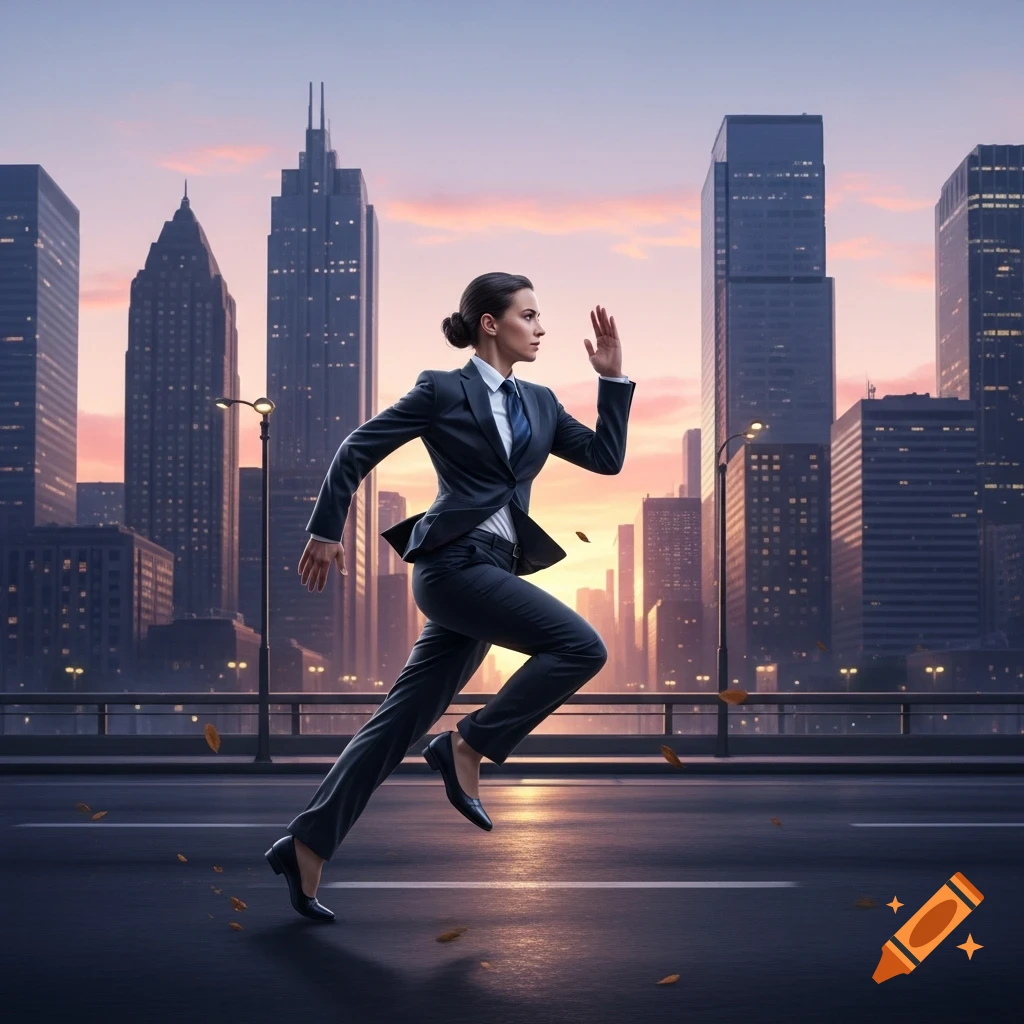 A businesswoman in a dark suit runs across a city bridge with tall skyscrapers and a colorful sunset in the background.