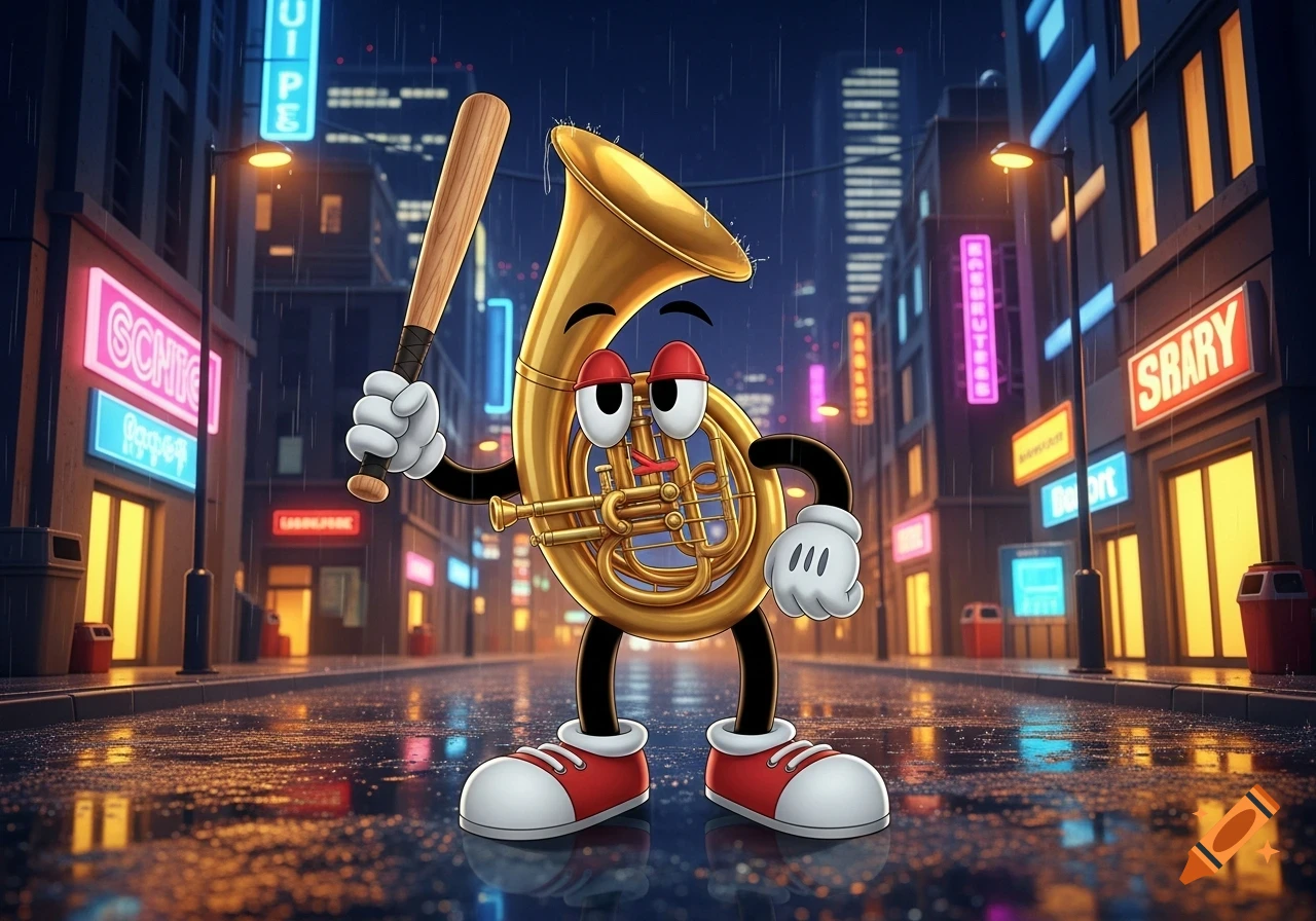 A cartoon horn instrument character with arms and legs, holding a baseball bat, stands on a wet street in a neon-lit city at night.