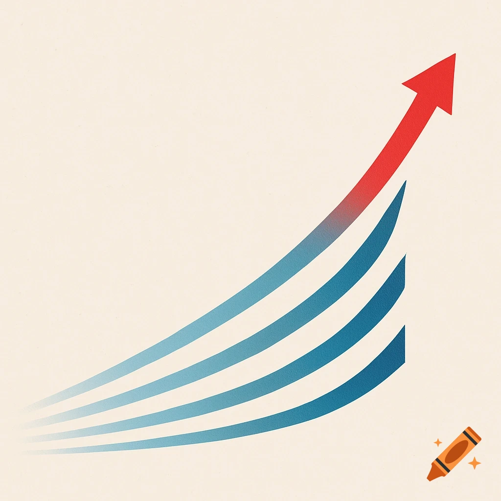 A red arrow pointing upwards, emerging from several upward-curving blue lines on a light background, symbolizing increasing trends.