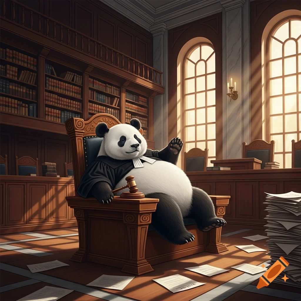 A lazy panda dressed in a judge's robe, holding a gavel, sits in a large, sunlit courthouse with bookshelves and papers.