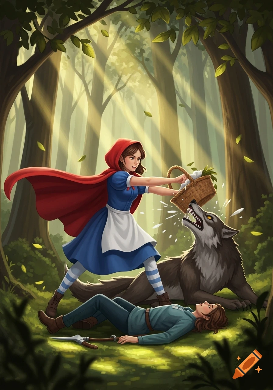 Little Red Riding Hood hits a wolf with a basket to save a hunter in a sunlit forest. Illustration style.