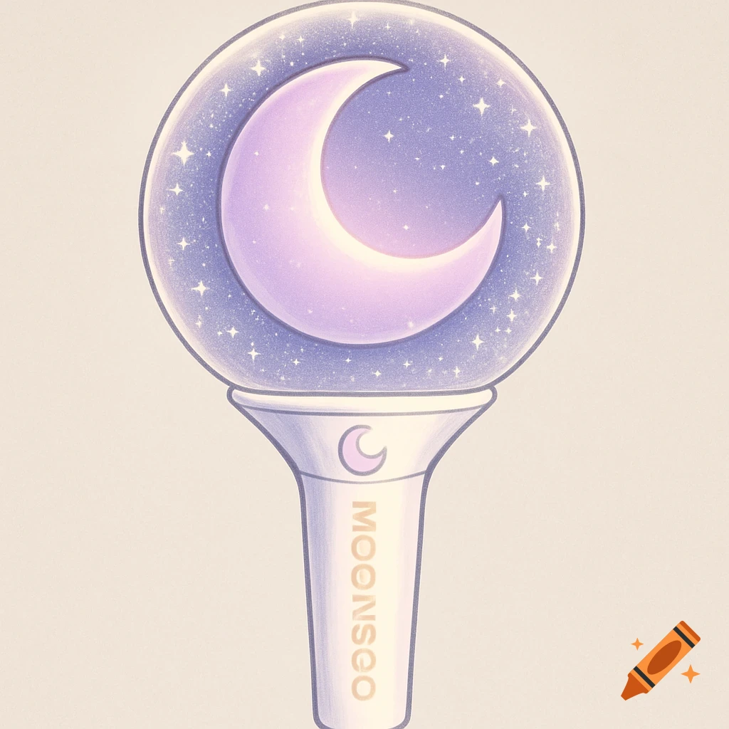 A pastel purple crescent moon lightstick with a clear globe full of stars, and the name 'MOONSOO' on its handle.