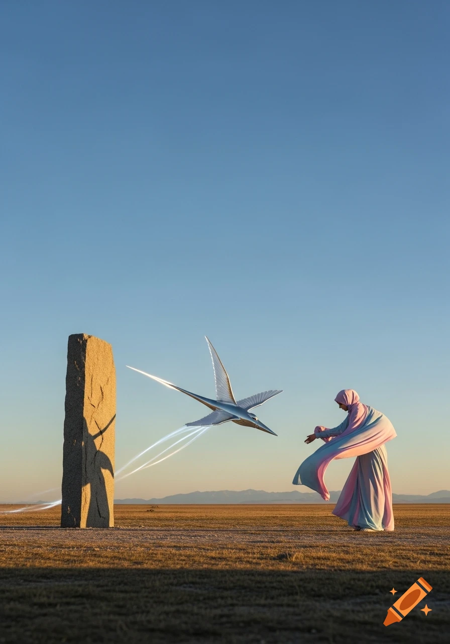A robed figure gestures toward a futuristic bird-like vehicle near a stone monolith in a vast desert landscape.