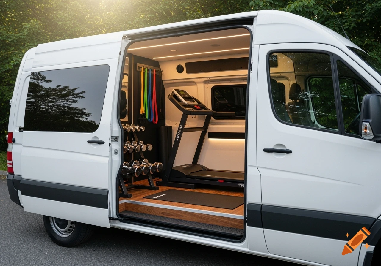 A white van with its side door open, revealing a fully equipped mobile gym interior with a treadmill, dumbbells, and resistance bands.