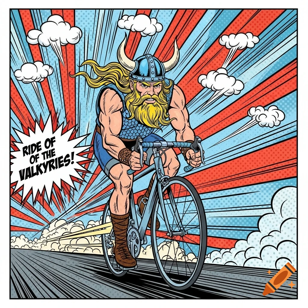 Pop art comic of a muscular Viking in a horned helmet riding a road bicycle with speed lines and text 'RIDE OF THE VALKYRIES!'.