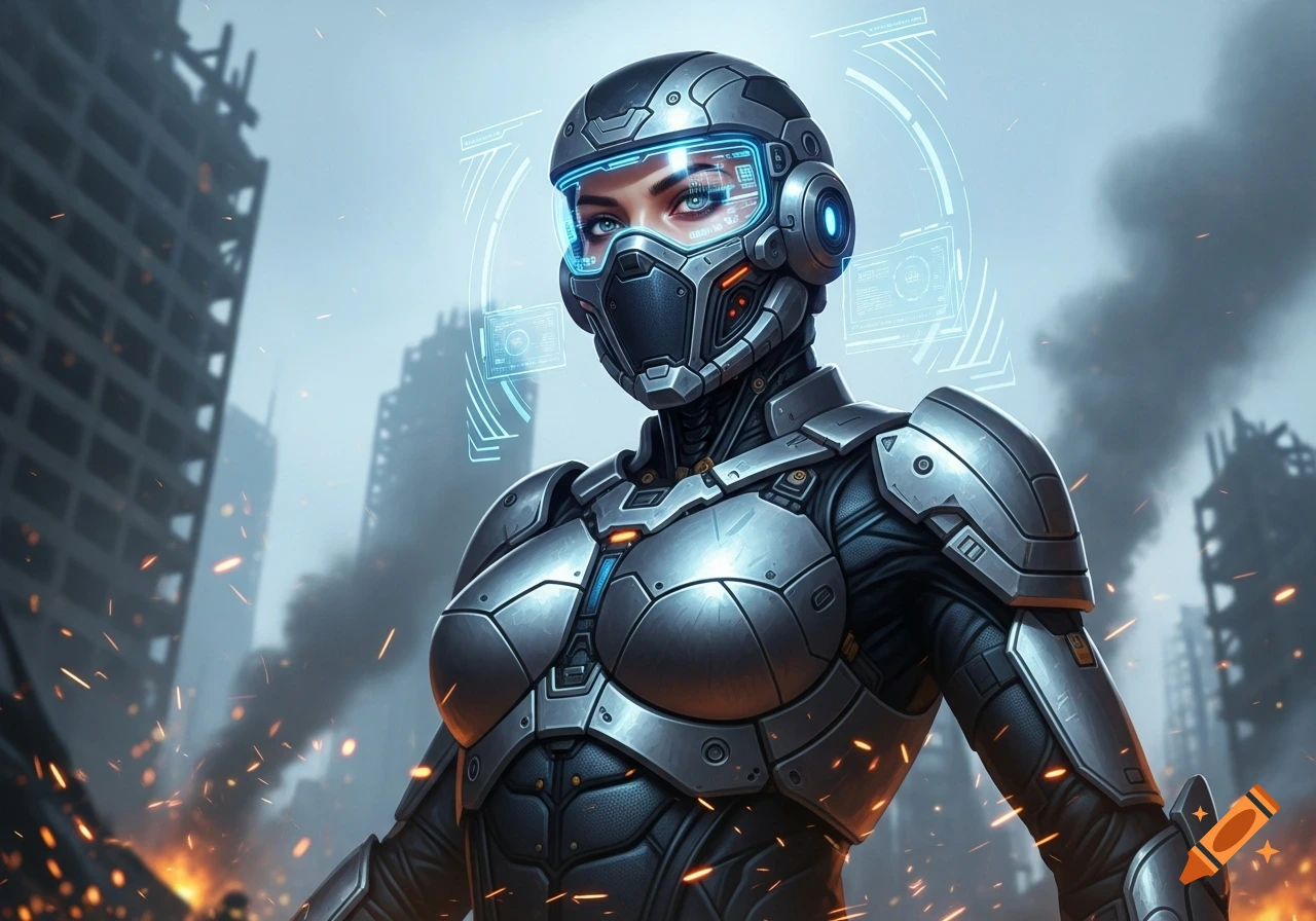 A futuristic female soldier in silver armor and a masked helmet stands in a ruined city with holographic displays.
