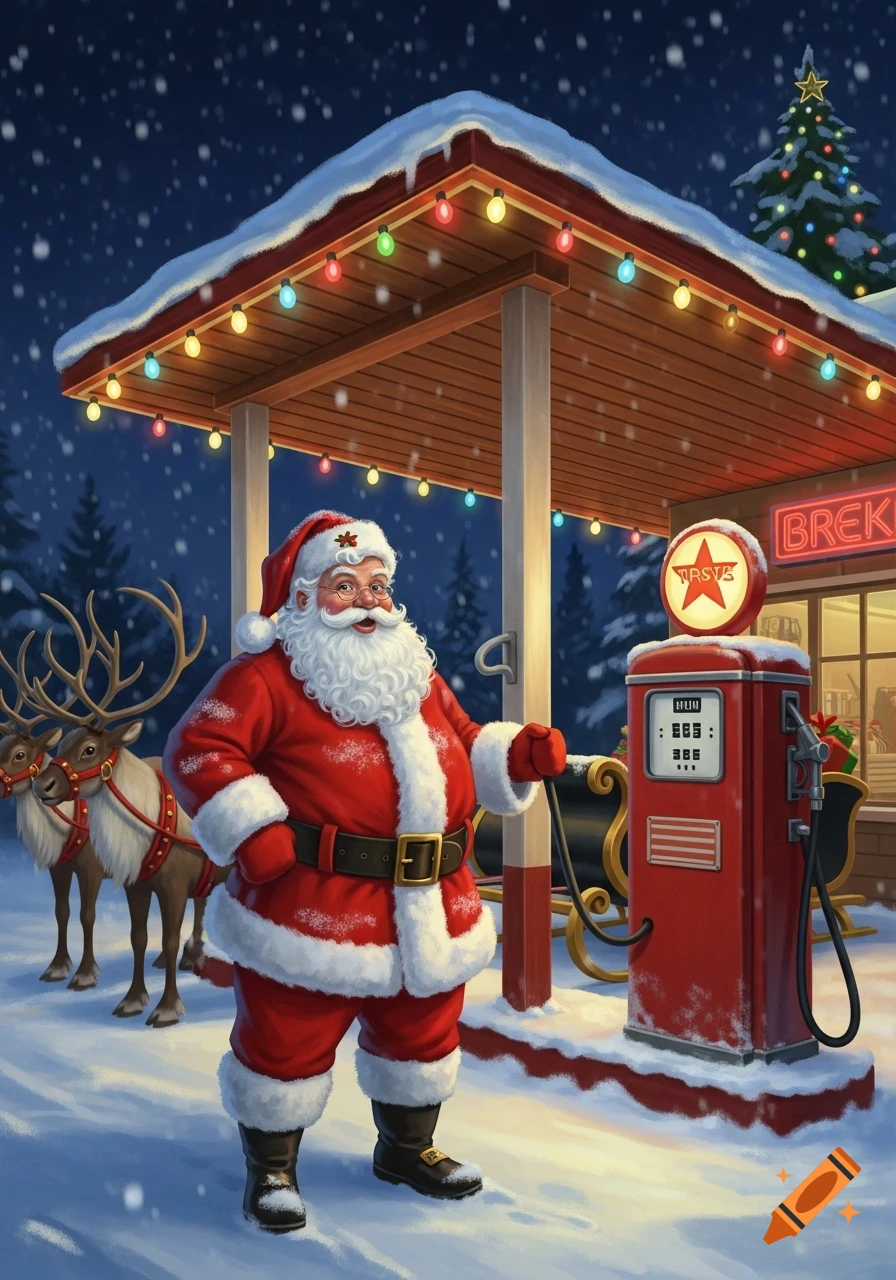Santa Claus in a red suit stands next to a red gas pump at a snowy gas station, while his reindeer and sleigh wait in the background, under festive lights in a stylized illustration.