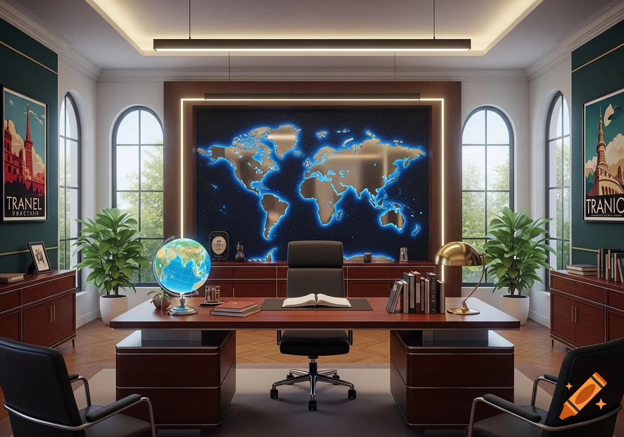 A modern, luxurious office with a large glowing world map on the wall, a wooden desk with a globe, and arched windows.