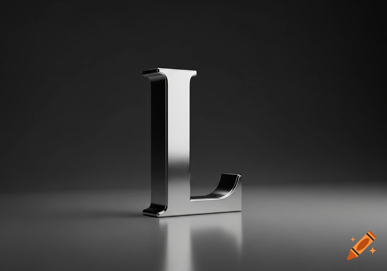 A shiny, silver metallic uppercase letter L stands on a reflective dark surface against a dark background.