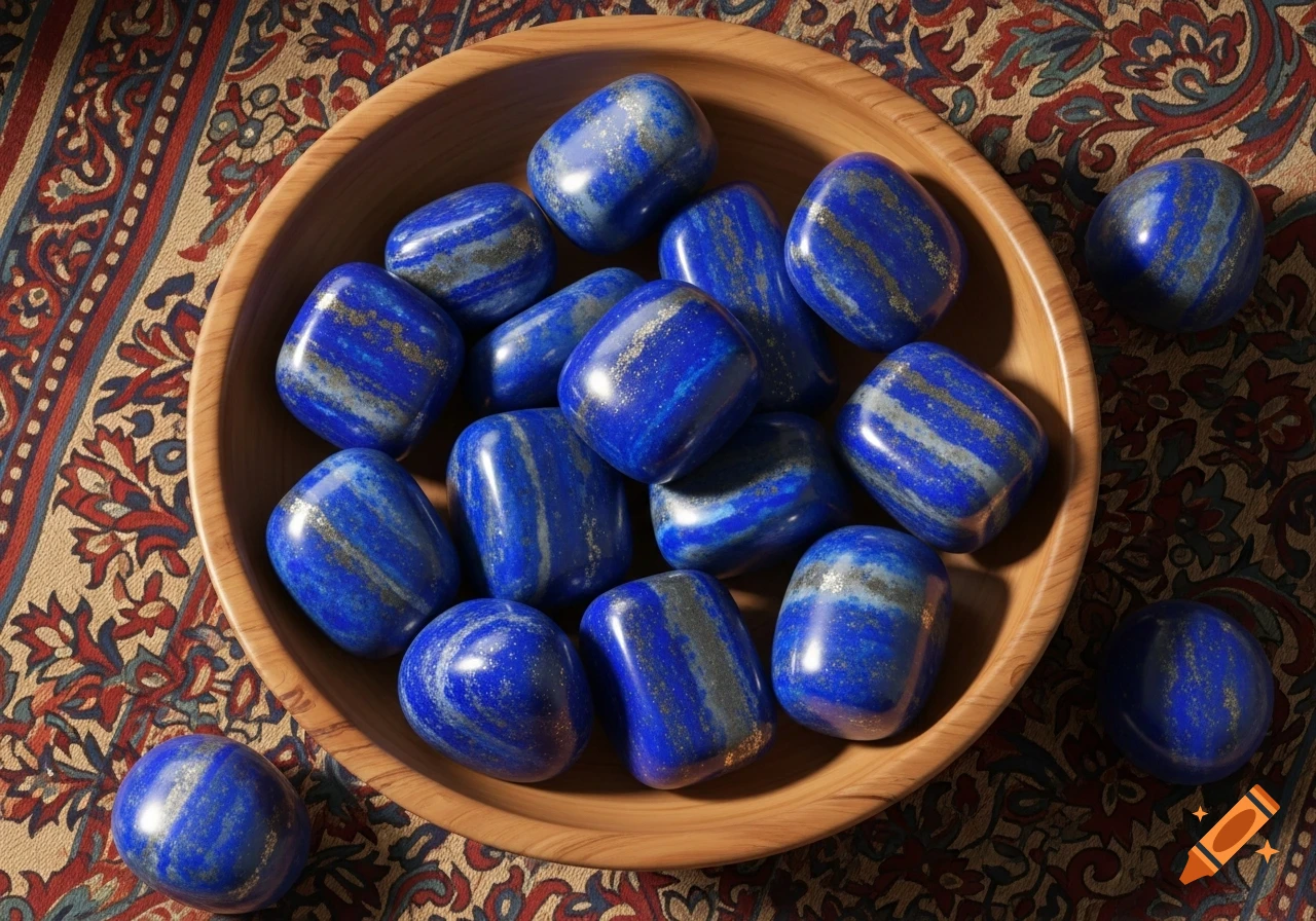 A wooden bowl filled with tumbled lapis lazuli gemstones, featuring deep blue hues and golden flecks, resting on a patterned rug.