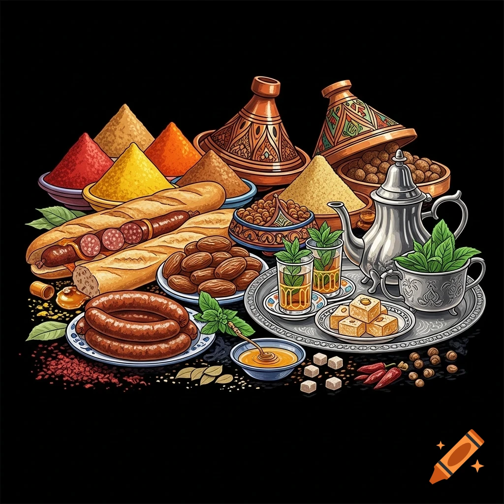 Stylized illustration of North African spices, merguez sausages, dates, tagines, and a silver mint tea service, on a black background.