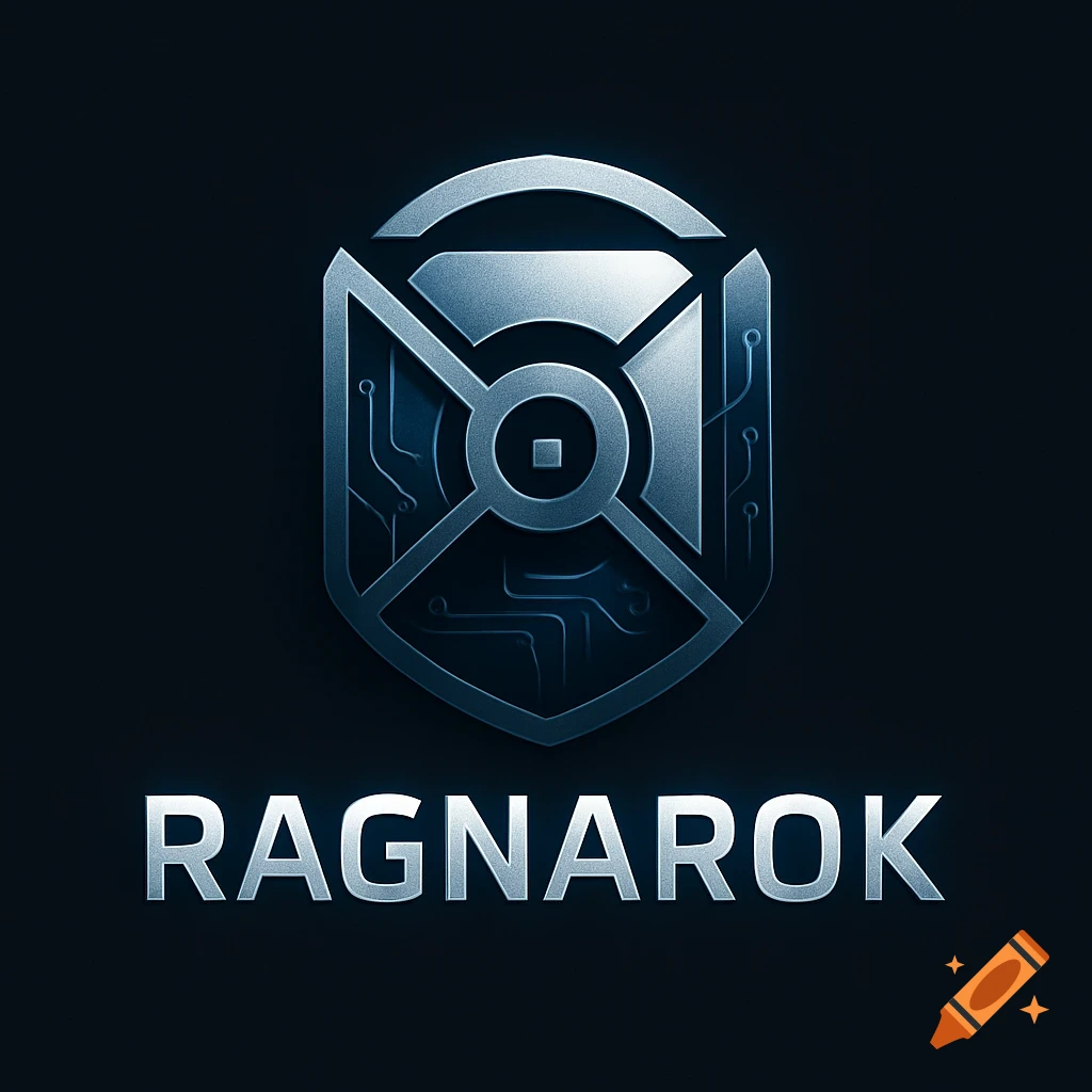 A metallic silver and blue shield logo with circuit board patterns and the word RAGNAROK in a bold, metallic font.