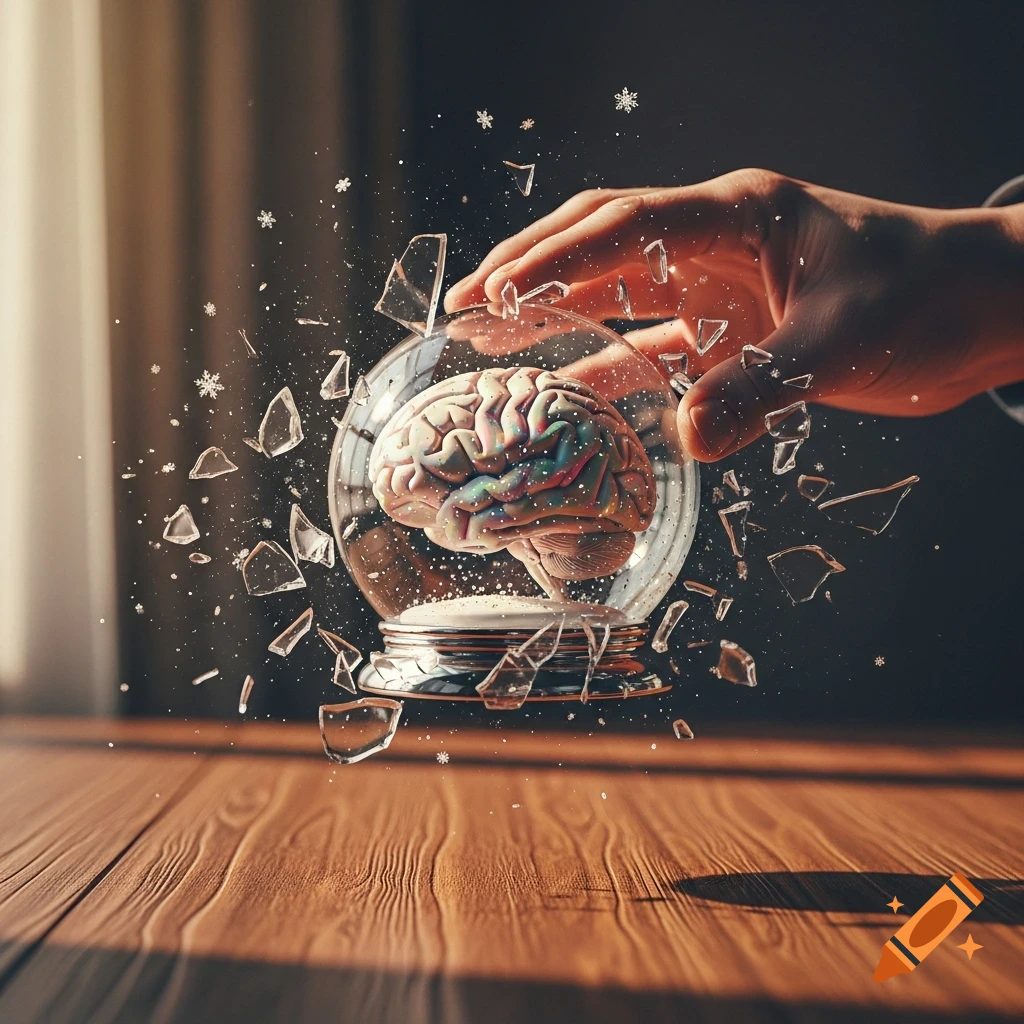 A hand holds a shattering snow globe with a colorful brain inside, glass shards flying over a wooden table.