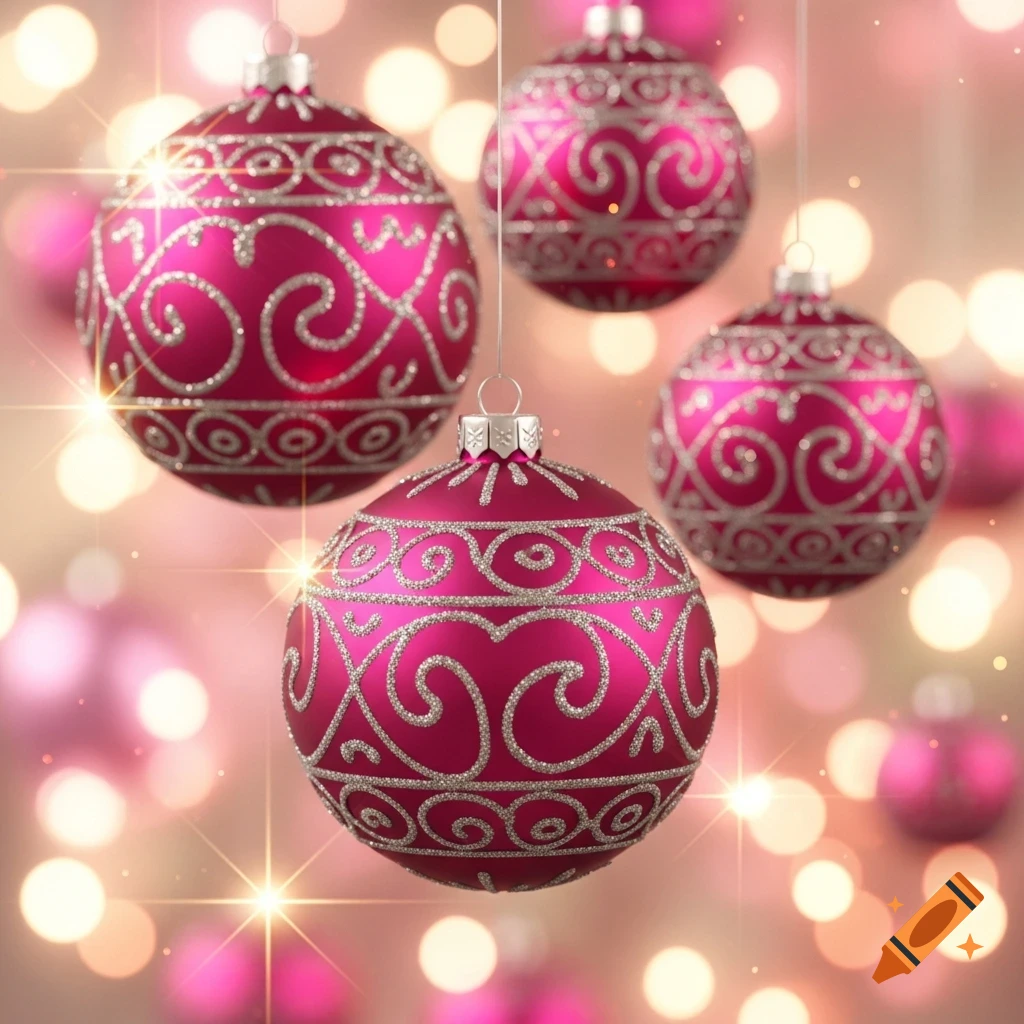 Bright fuchsia Christmas ornaments with silver glitter patterns hang against a pink bokeh background with sparkling lights.