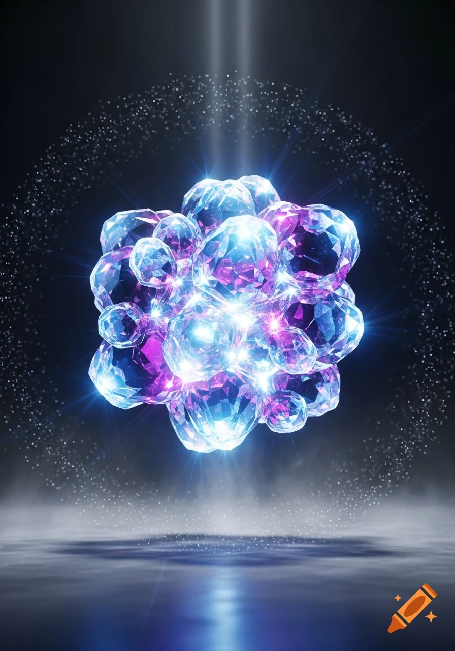 A vibrant cluster of blue and purple faceted crystals glows brightly against a dark, misty, reflective background.