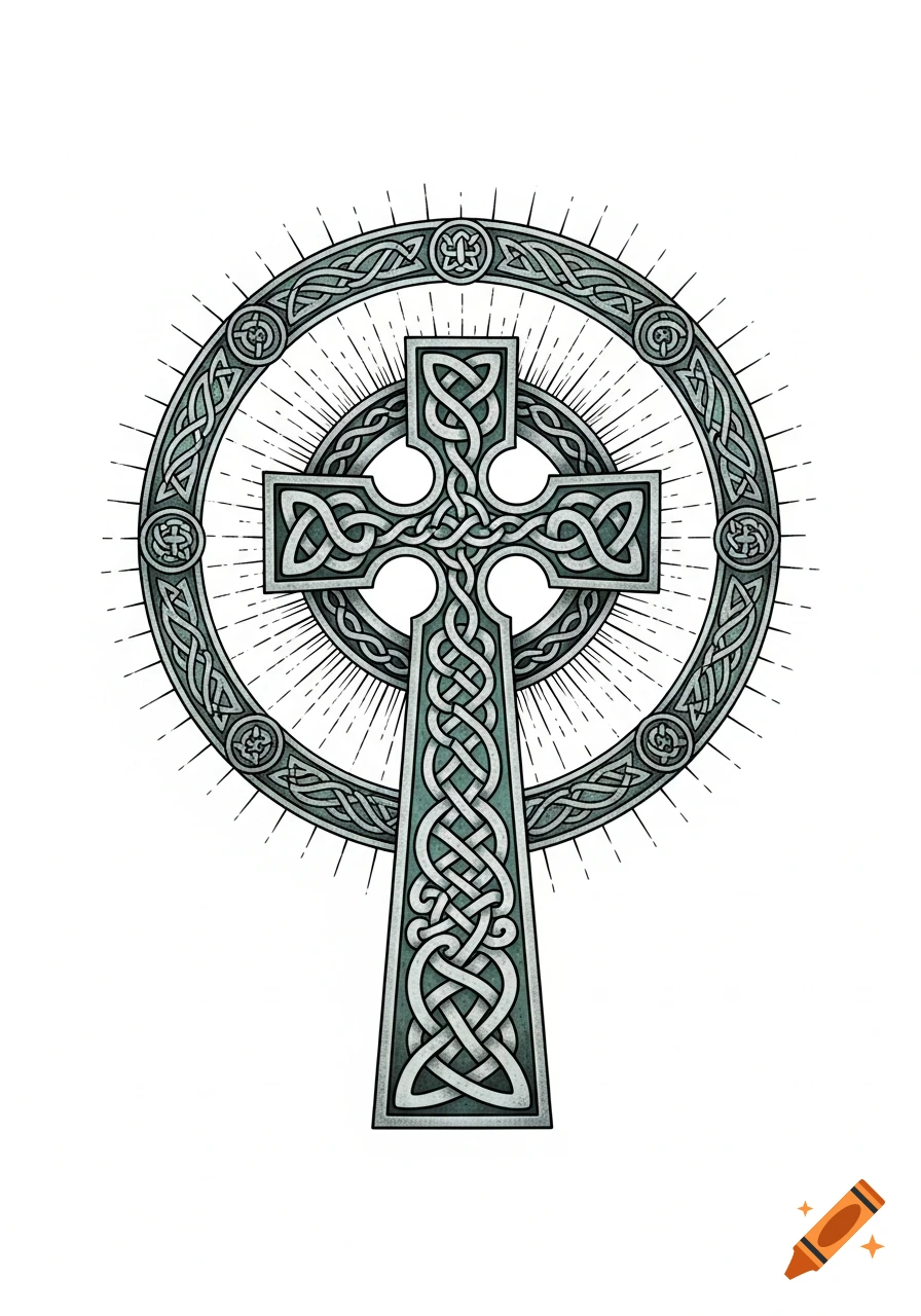 A detailed Celtic cross with intricate knotwork patterns in shades of green and grey, featuring a radiant halo, on a white background.