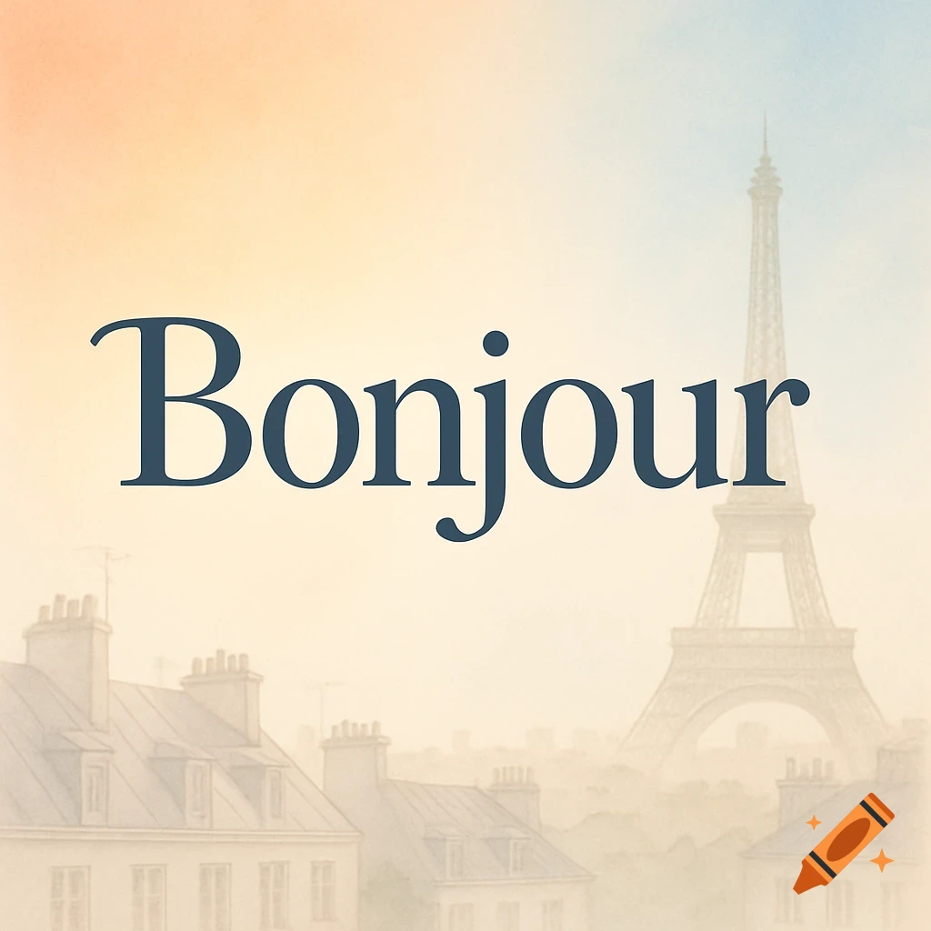 The word 'Bonjour' in dark blue font over a faded, pastel illustration of Parisian rooftops and the Eiffel Tower against an orange and blue sky.