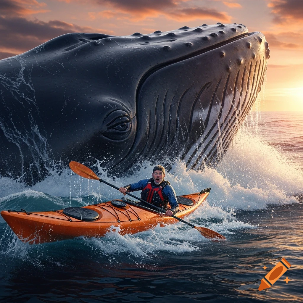 A photorealistic image of a man in an orange kayak looking surprised as a large whale breaches behind him, creating a splash at sunset.