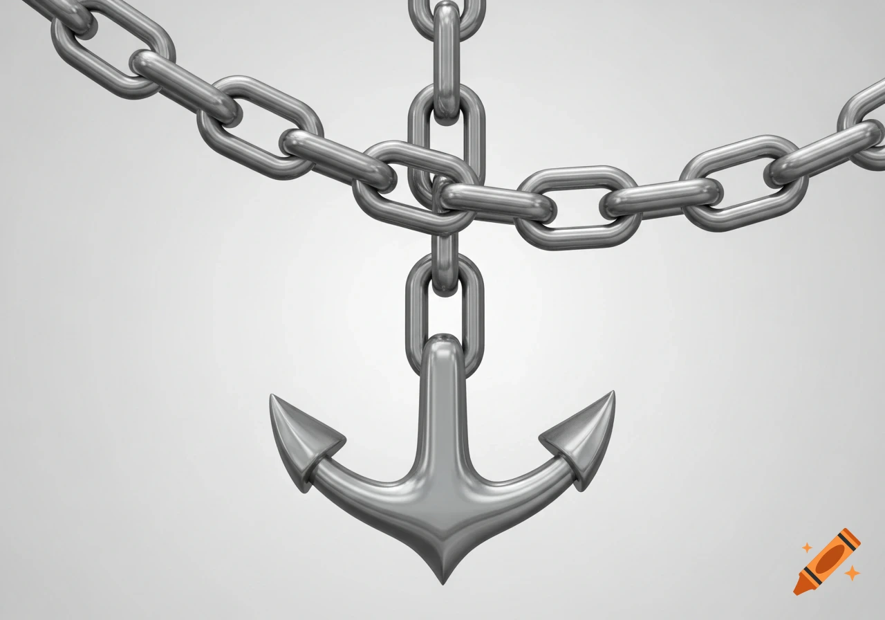 A silver anchor hangs from a heavy metal chain against a light gray background.