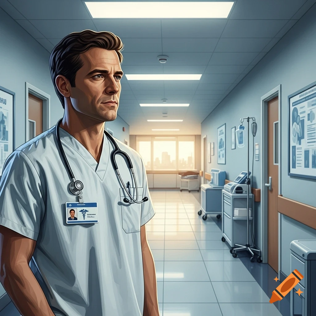 A thoughtful male doctor in light blue scrubs and a stethoscope stands in a hospital hallway, looking to the side.
