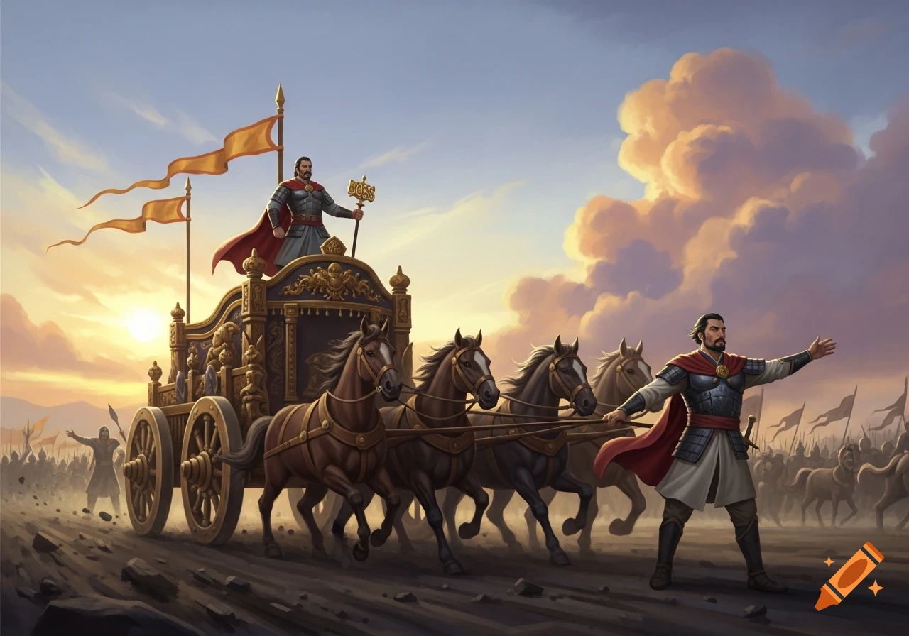 A general in armor stands in a horse-drawn chariot marked 'BOSS', while another leader guides the horses with an army behind them, at sunset.
