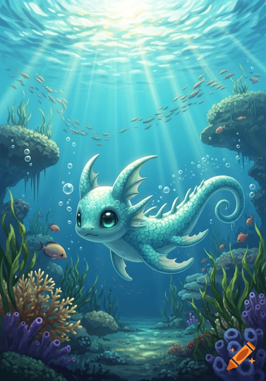 A cute, light blue scaly fantasy sea creature with large eyes and fins swims in a vibrant underwater coral reef, bathed in sunlight.